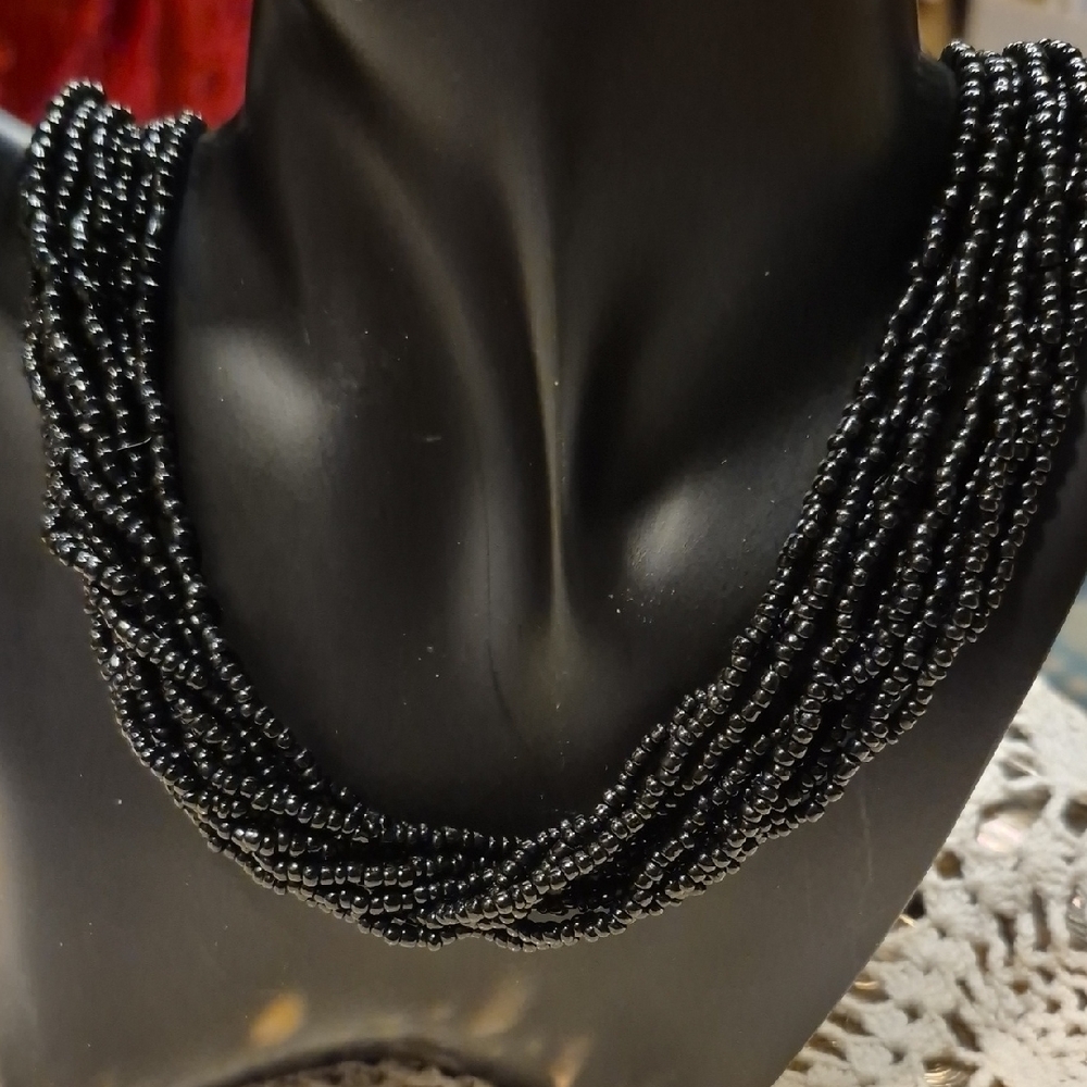 Vintage Trifari Black Multi-Strand Beaded Necklace